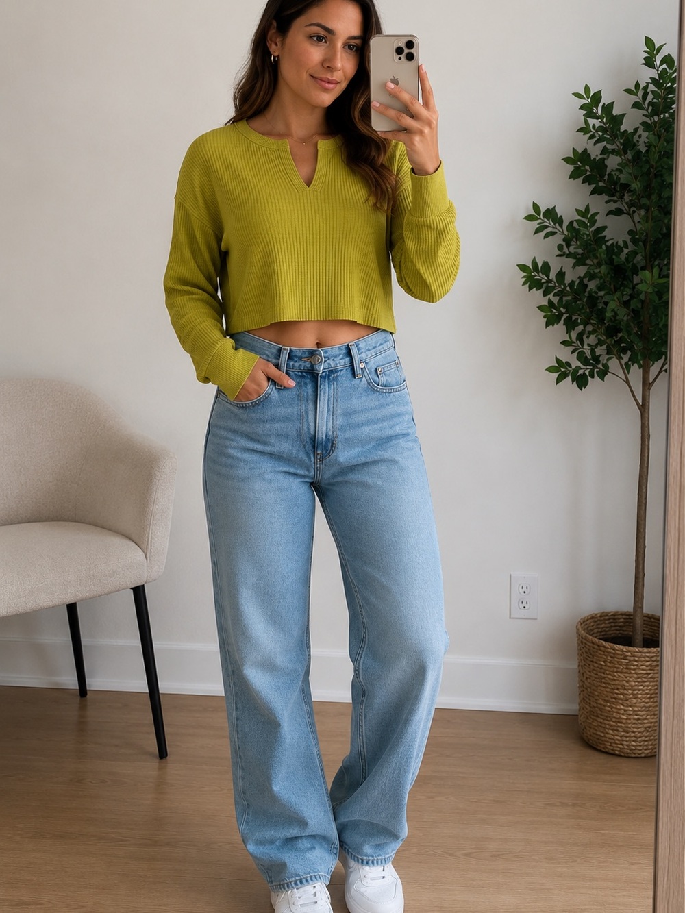 BDG Cropped Waffle Knit Top - Yellow Green